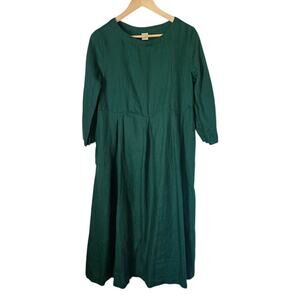 Lintico Women's Bateau Neck Pleated 100 % Linen Green Maxi Dress Small A-Line